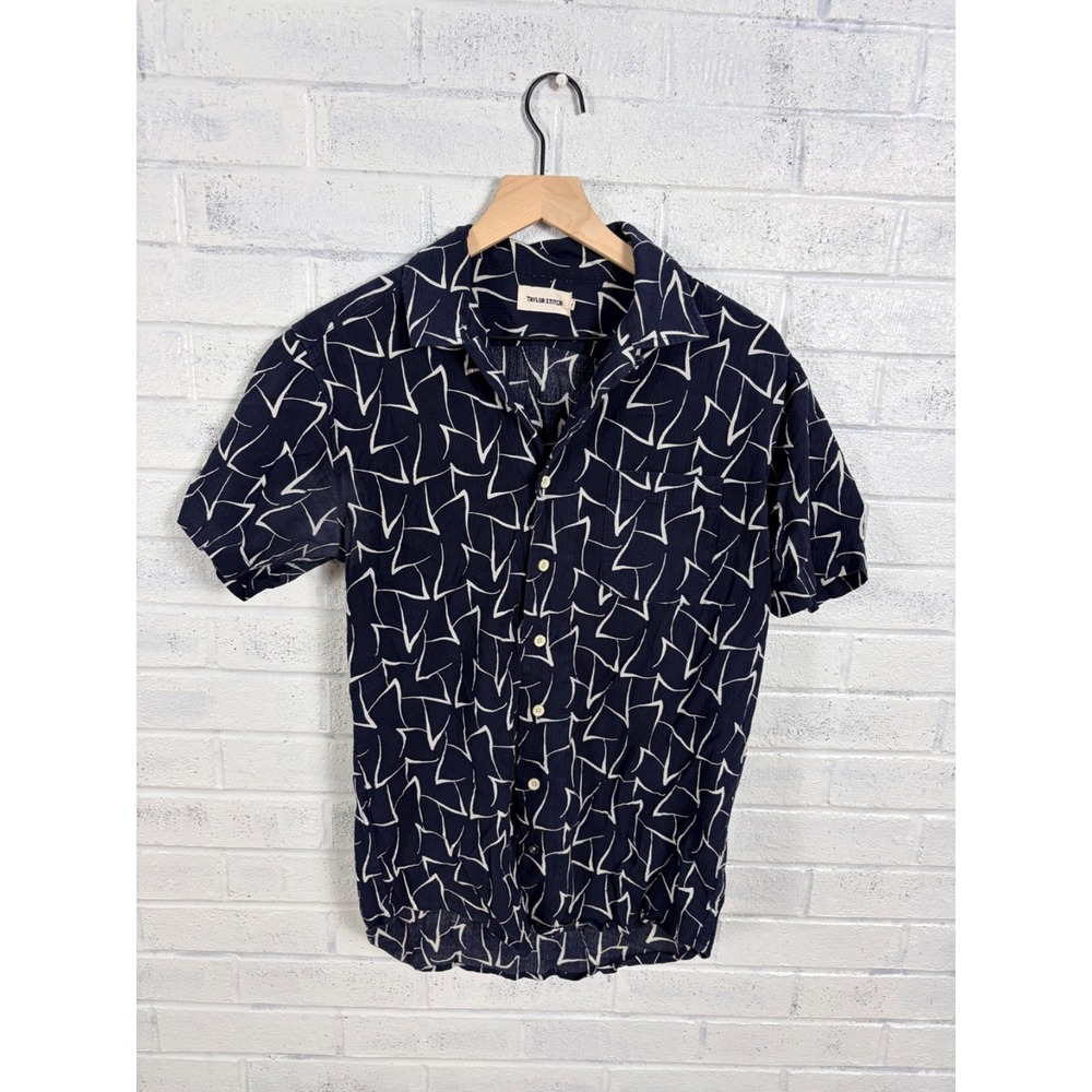 Taylor Stitch Button Front Shirt Mens 40 M Navy Blue Abstract Print Shirt Sleeve